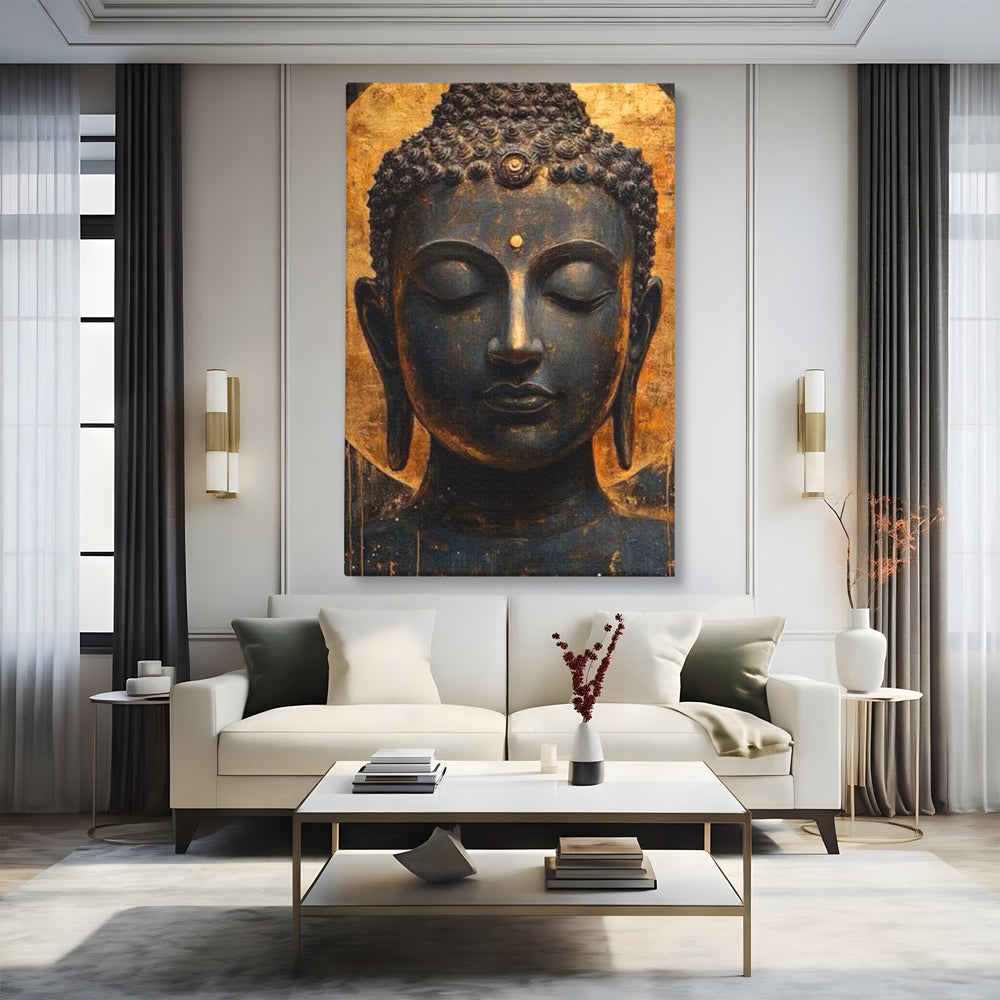 Tablou canvas cu tablou canvas cu capul lui buddha, fara rama, pe sasiu de lemn, pe perete intr-un living